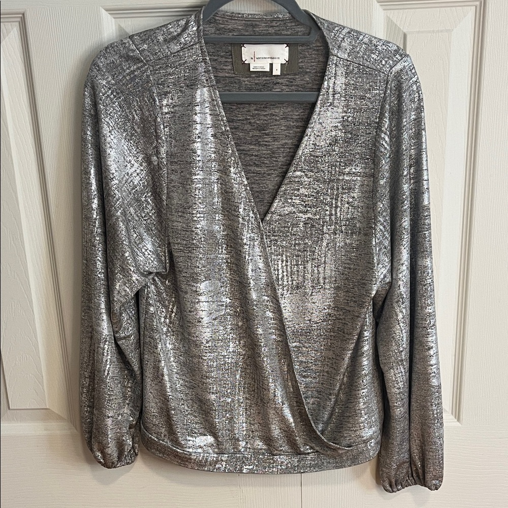 Anthropologie Silver Metallic Wrap Blouse